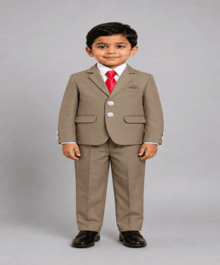 Boys Premium Khaki Brown 3-Piece Formal Suit with White Shirt & Red Tie