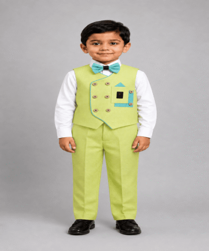 Boys Premium Lime Green Double-Breasted Waistcoat, White Shirt, Bow Tie & Matching Trouser 4-Piece Formal Set