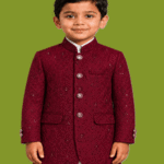 Boys Premium Maroon Floral Embroidered Sequin Mandarin Collar Prince Coat Blazer