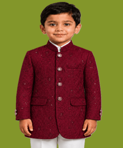 Boys Premium Maroon Floral Embroidered Sequin Mandarin Collar Prince Coat Blazer