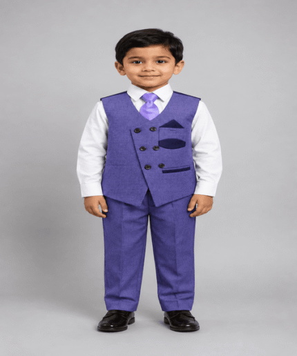 Boys Premium Purple Double-Breasted Waistcoat, Shirt & Trouser Set with Tie – 4-Piece Formal Outfit