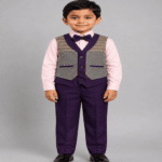 Boys Premium Purple & Grey Layered Waistcoat Set with Pink Shirt, Bow Tie & Matching Trousers