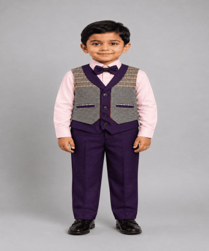 Boys Premium Purple & Grey Layered Waistcoat Set with Pink Shirt, Bow Tie & Matching Trousers