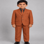 Boys Premium Rust Orange 3-Piece Formal Suit with Striped Shirt, Matching Tie & Pocket Square