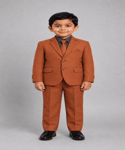 Boys Premium Rust Orange 3-Piece Formal Suit with Striped Shirt, Matching Tie & Pocket Square
