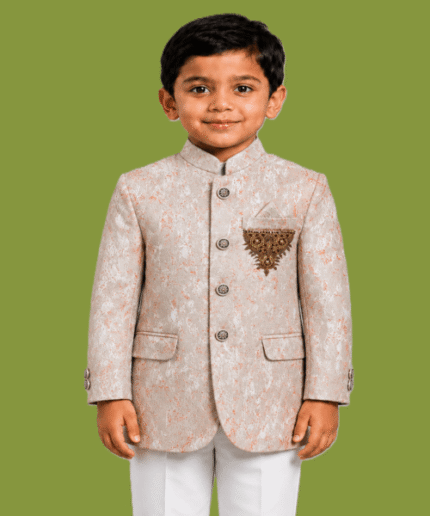 Boys Premium Textured Mandarin Prince Coat with Decorative Chest Motif