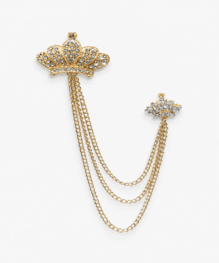 Double Crown Rhinestone Brooch with Layered Gold Chains