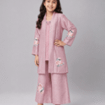 Girls Baby Pink Floral 3-Piece Long Jacket, Inner Shirt & Palazzo Set – 5 to 12 Years