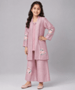 Girls Baby Pink Floral 3-Piece Long Jacket, Inner Shirt & Palazzo Set – 5 to 12 Years