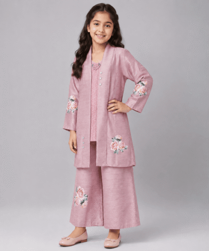 Girls Baby Pink Floral 3-Piece Long Jacket, Inner Shirt & Palazzo Set – 5 to 12 Years