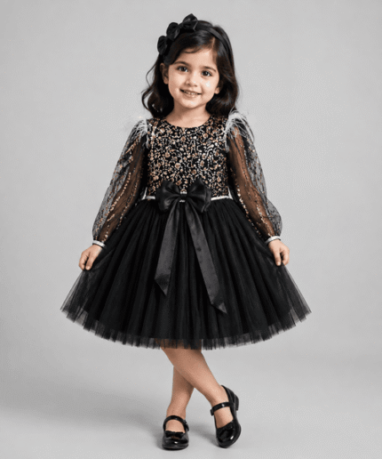 Girls Black & Gold Sequin Party Frock with Matching Bow Headband – 3 to 5 Years