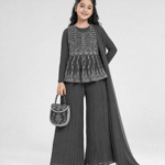 Girls Dark Grey Embellished 5-Piece Peplum, Inner Shirt, Palazzo, Dupatta & Handbag Set – 5 to 12 Years