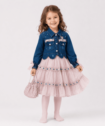 Girls Embellished Denim Jacket & Tiered Tulle Dress Set with Tights – 3 to 5 Years