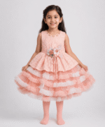 Girls Floral Lace Tiered Tulle Party Dress with Matching Tights – 3 to 5 Years