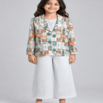 Girls Geometric Print Blazer, Inner Shirt & Embellished Palazzo Set – 5 to 12 Years