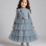 Girls Grey Embellished Layered Net Frock with Full-Sleeve Inner & Matching Tights – 3 to 5 Years