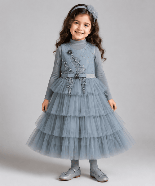 Girls Grey Embellished Layered Net Frock with Full-Sleeve Inner & Matching Tights – 3 to 5 Years Girls Grey Embellished Layered Net Frock with Full-Sleeve Inner & Matching Tights – 3 to 5 Years