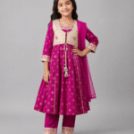 Girls Magenta Embroidered 4-Piece Frock, Waistcoat, Trouser & Dupatta Set – 5 to 12 Years