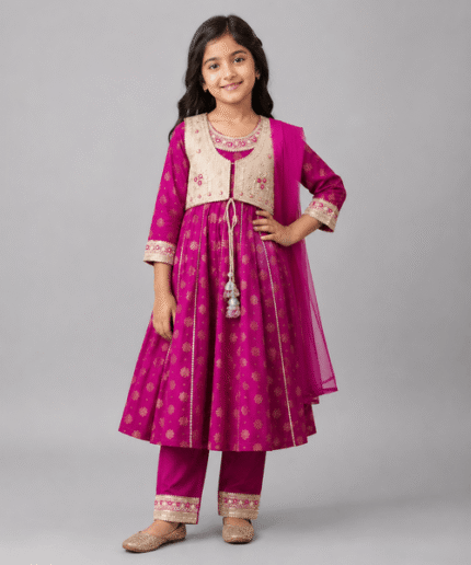 Girls Magenta Embroidered 4-Piece Frock, Waistcoat, Trouser & Dupatta Set – 5 to 12 Years