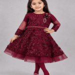 Girls Maroon Floral Embroidered Party Frock with Matching Tights – 3 to 7 Years (1)