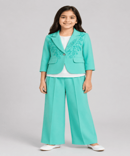 Girls Mint Embroidered Blazer, Inner Shirt & Wide-Leg Trouser Set – 5 to 12 Years