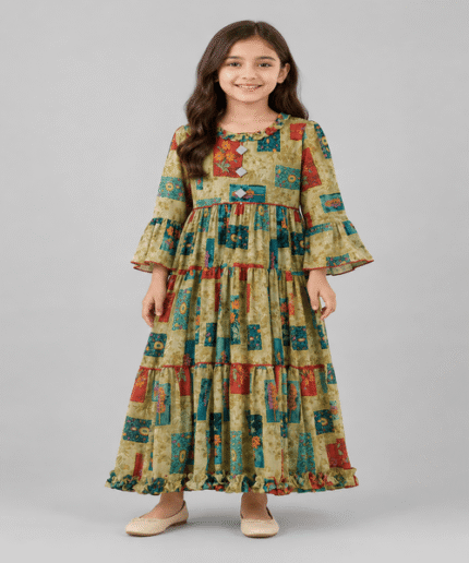 Girls Multicolor Patchwork Print Tiered Maxi Dress – 5 to 12 Years