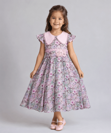 Girls Pastel Floral Long Frock with Peter Pan Collar – 3 to 5 Years