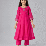 Girls Pink Embroidered Pleated Dress with Matching Trouser – 5 to 12 Years