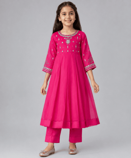 Girls Pink Embroidered Pleated Dress with Matching Trouser – 5 to 12 Years