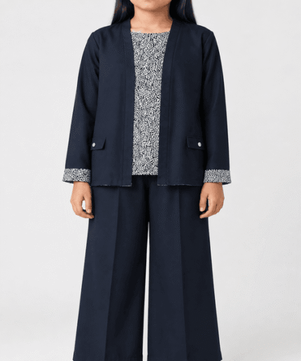 Girls’ Premium Blue 3-Piece Jacket, Printed Top & Wide-Leg Trouser Set – 4 to 12 Years