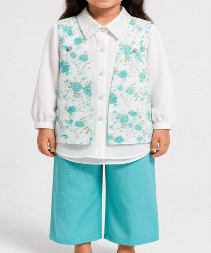 Girls’ Premium White & Turquoise 3-Piece Floral Waistcoat, Shirt & Wide-Leg Trouser Set – 4 to 12 Years