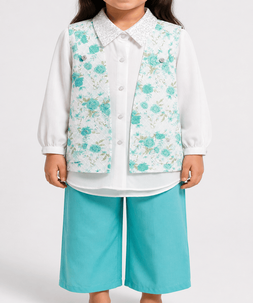 Girls’ Premium White & Turquoise 3-Piece Floral Waistcoat, Shirt & Wide-Leg Trouser Set – 4 to 12 Years Girls’ Premium White & Turquoise 3-Piece Floral Waistcoat, Shirt & Wide-Leg Trouser Set – 4 to 12 Years