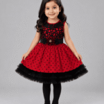 Girls Red & Black Polka Dot Lace Party Frock with Matching Tights – 3 to 5 Years