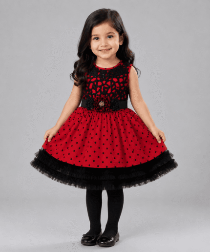 Girls Red & Black Polka Dot Lace Party Frock with Matching Tights – 3 to 5 Years