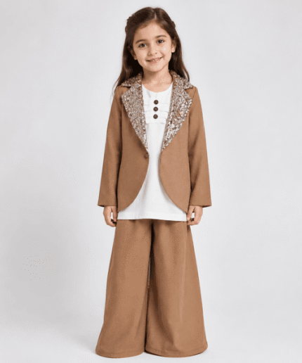 Girls Sequin Lapel Blazer & Wide-Leg Trouser Set
