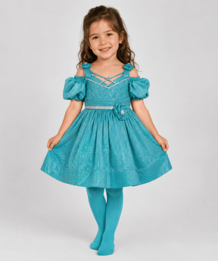 Girls Shimmer Cold-Shoulder Party Dress with Matching Tights – 3 to 5 Years