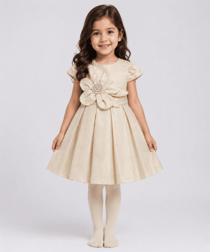 Girls Shimmer Pleated Party Dress with Pearl Flower & Matching Tights – 3 to 5 Years