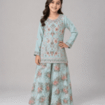 Girls Sky Blue Embroidered Shirt with Floral Wide-Leg Palazzo – 5 to 12 Years