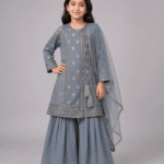 Girls Steel Grey Embroidered 3-Piece Shirt, Palazzo & Dupatta Set – 5 to 12 Years