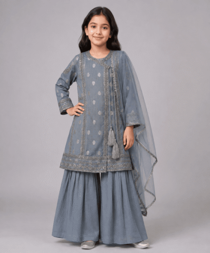 Girls Steel Grey Embroidered 3-Piece Shirt, Palazzo & Dupatta Set – 5 to 12 Years