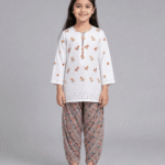 Girls White Floral Embroidered Kurti with Multicolour Tulip Trouser – 5 to 12 Years