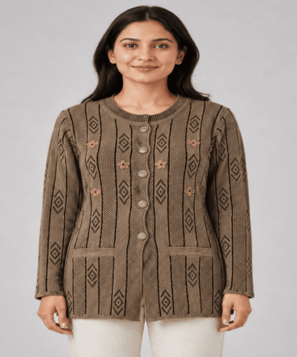 Ladies Premium Argyle Knit Mid Long Cardigan Button-Down Sweater with Pockets