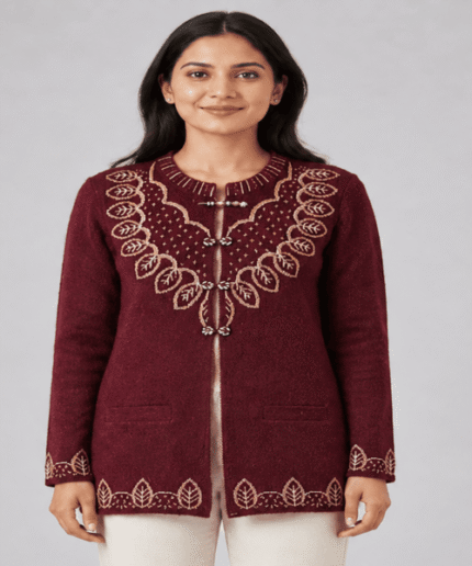 Ladies Premium Embroidered Woollen Mid Long Cardigan – Elegant Leaf Design with Decorative Buttons