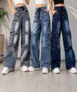 Ladies Premium High-Waist Wide-Leg Cargo Jeans – Baggy Denim Pants with Multi Pockets