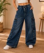 Ladies Premium High-Waist Wide-Leg Cargo Jeans – Baggy Denim Pants with Multi Pockets - Image 3