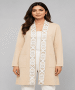 Ladies Premium Open-Front Long Cardigan – Embroidered Border & Front Pocket Design - Image 2