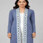 Ladies Premium Open-Front Long Cardigan – Embroidered Border & Front Pocket Design