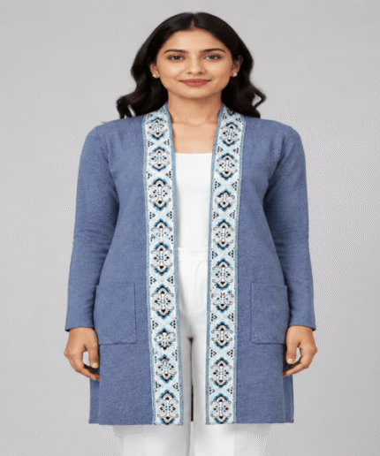 Ladies Premium Open-Front Long Cardigan – Embroidered Border & Front Pocket Design