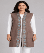 Ladies Premium Sleeveless Long Cardigan – Geometric Embroidered Border & Front Pocket Design - Image 2
