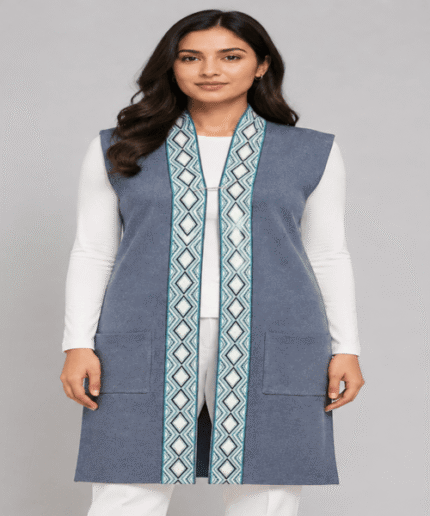 Ladies Premium Sleeveless Long Cardigan – Geometric Embroidered Border & Front Pocket Design